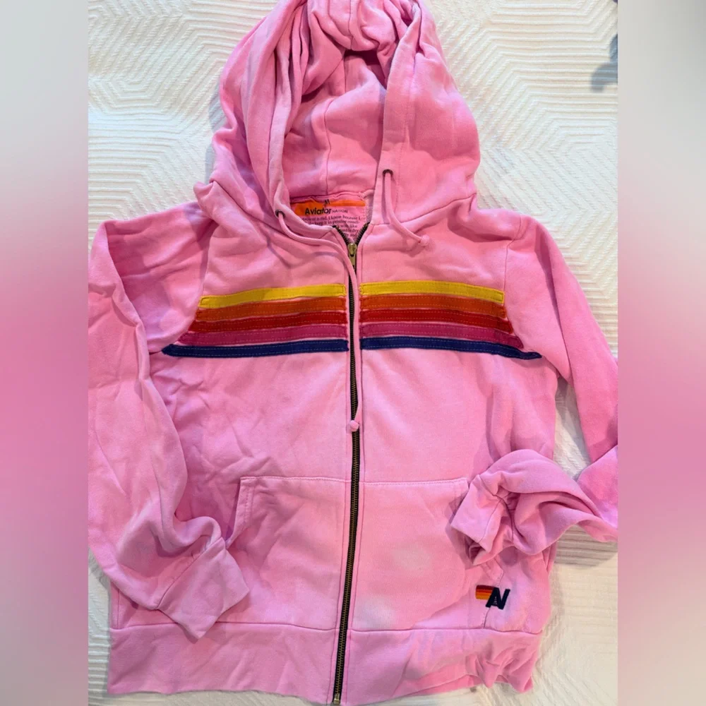 Pink aviator nation Hoodie with Rainbow Stripes - Picture 1 of 7